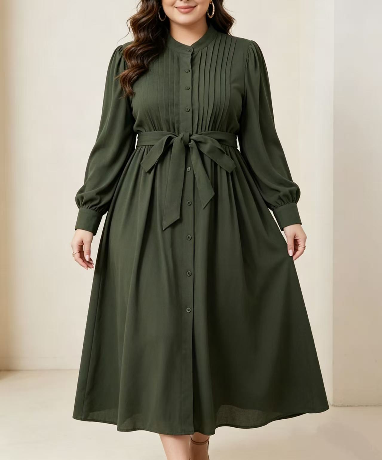 Corset Waist Cinch - Gaun maxi kemeja hijau tentara berlipit